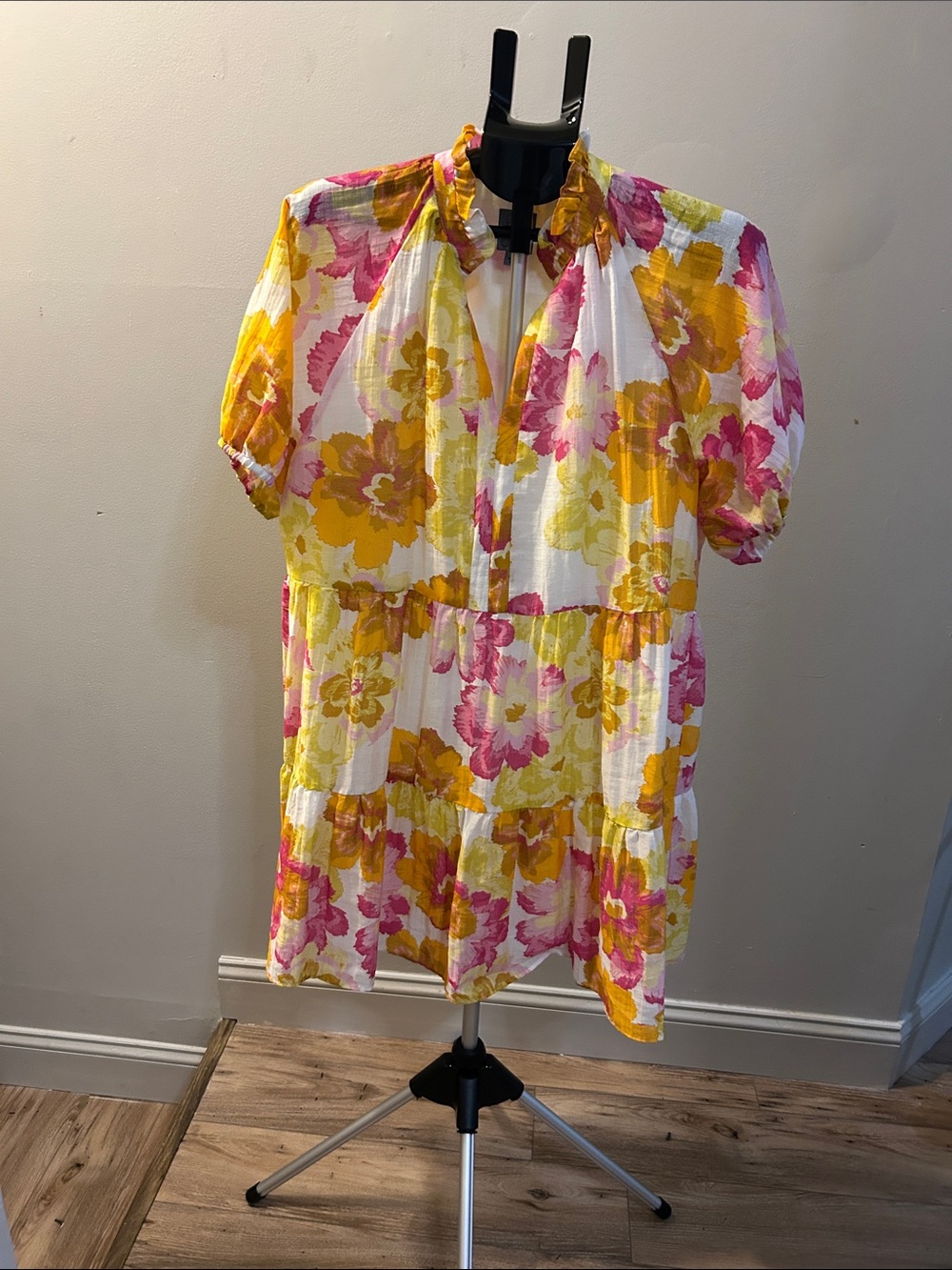 CeCe White Dress with Yellow & Pink Floral Print w/lining